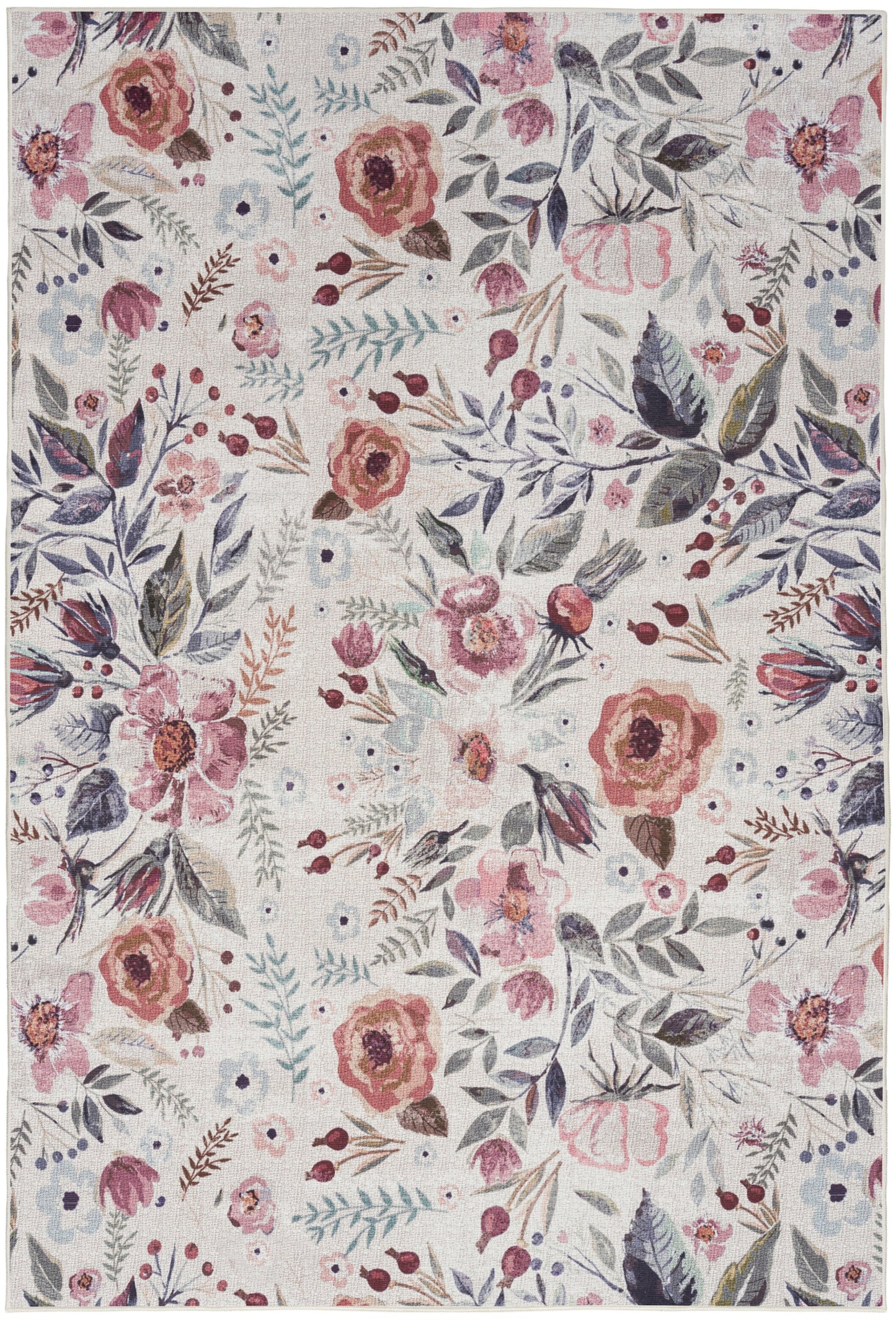 Pastel floral area rug featuring pink-peach roses and blue-grey leaves on a beige woven background.