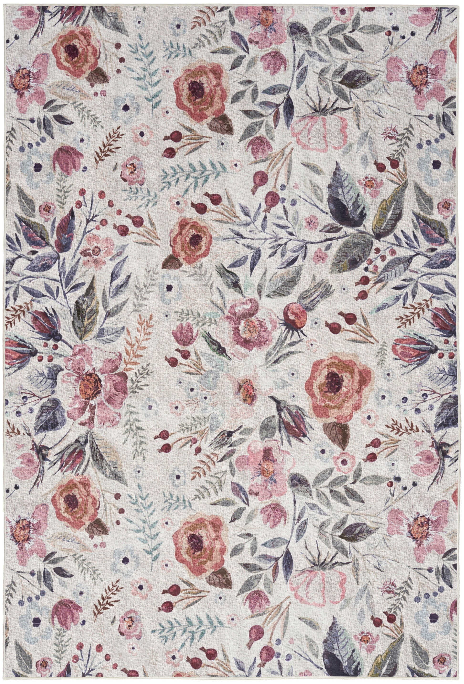 Pastel floral area rug featuring pink-peach roses and blue-grey leaves on a beige woven background.