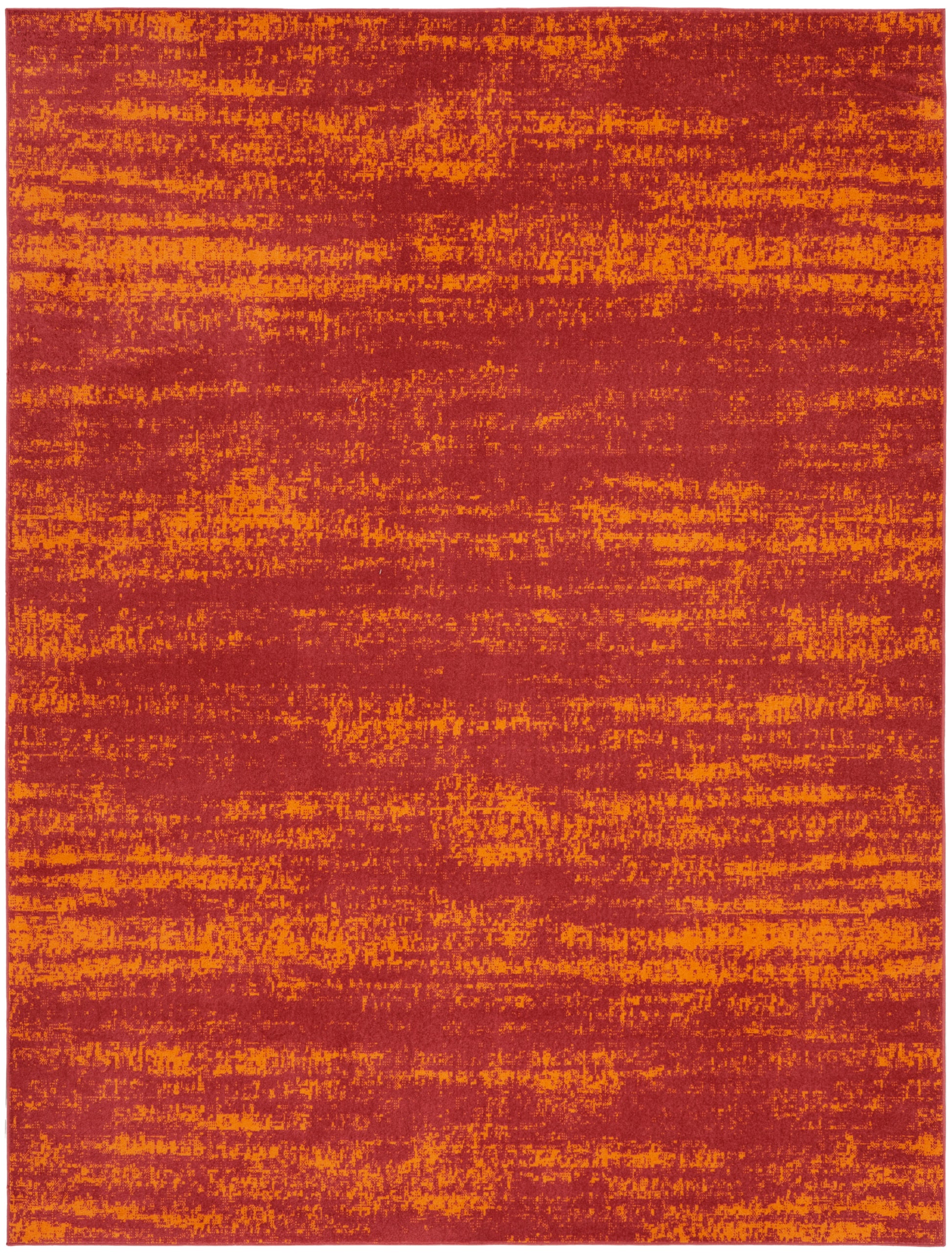 Burnt orange and burgundy textured abstract area rug for a modern living room.