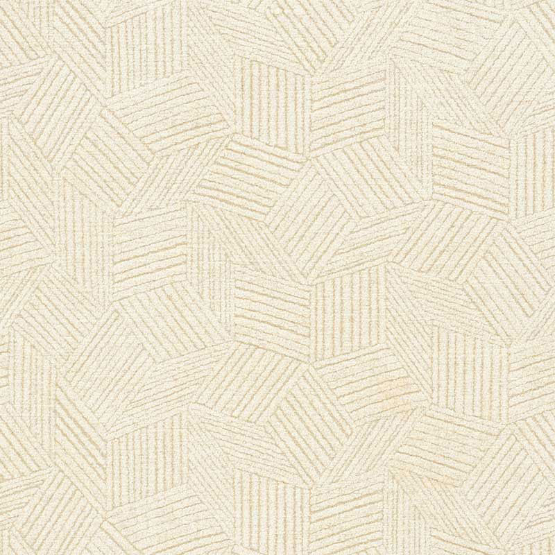Cream textured wallpaper with interlocking striped rectangles in a geometric mosaic pattern.