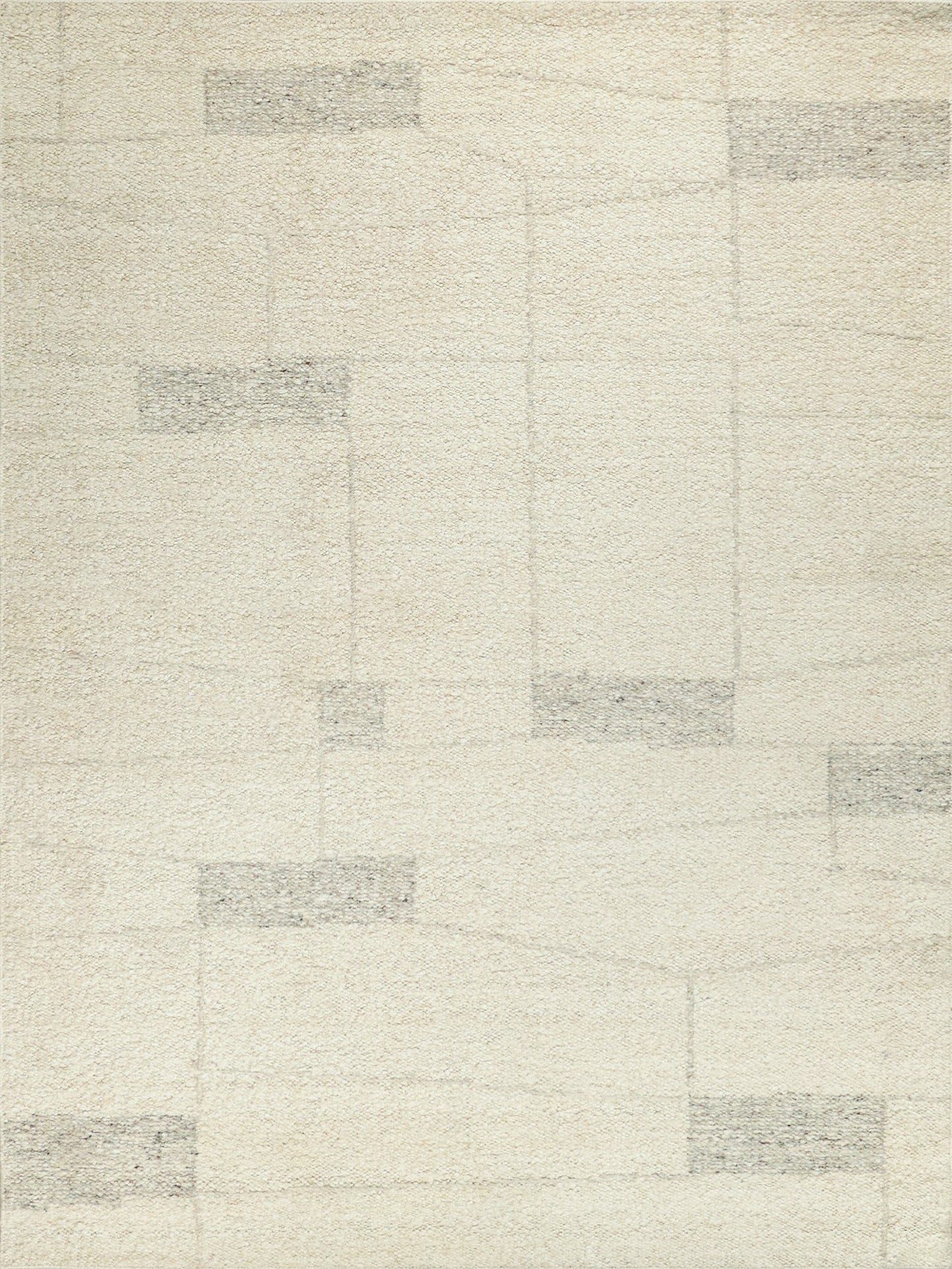 Cream rug with light grey rectangular patches; subtle geometric pattern, contemporary style, soft pile for living room.
