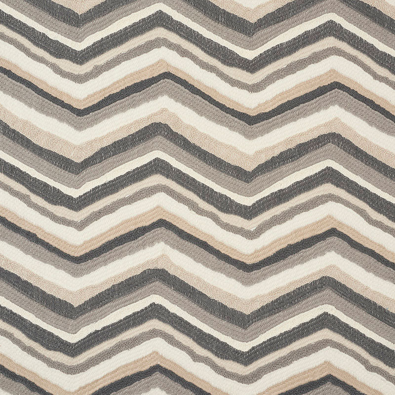 Chevron zigzag rug in cream, beige, taupe and gray tones with a textured striped pattern.