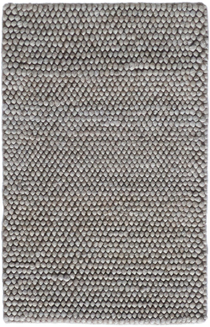 Light gray pebble-texture rug with dense looped pile; rectangular modern area rug.