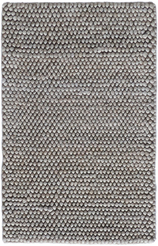 Light gray pebble-texture rug with dense looped pile; rectangular modern area rug.
