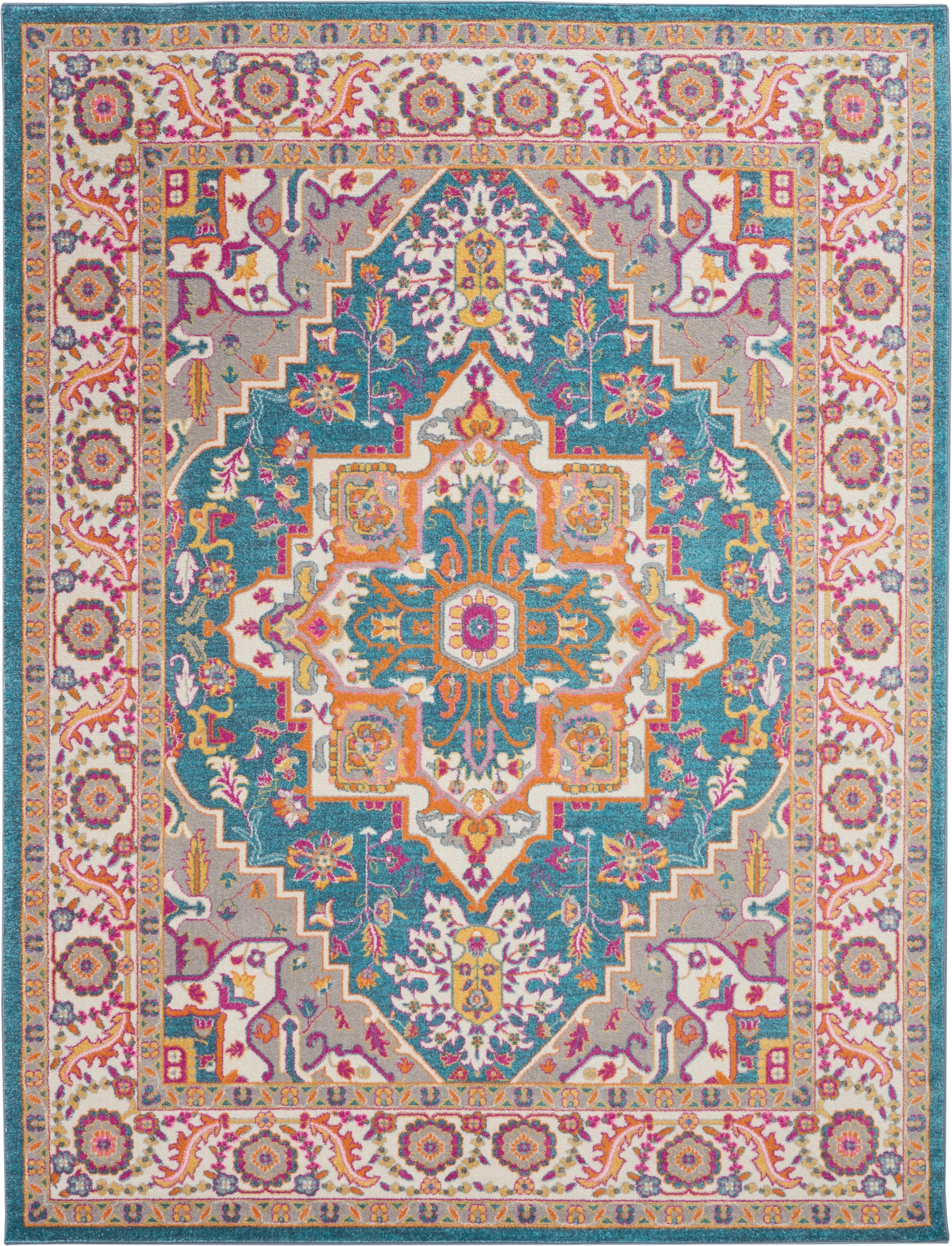 Vibrant Persian-style area rug with teal field, orange central medallion, pink & cream border with floral motifs.