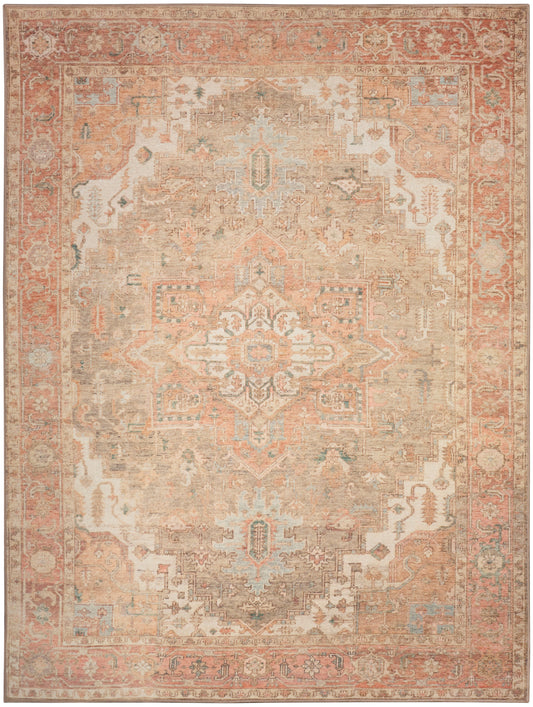 Distressed oriental rug with ivory center, peach & beige tones, blue accents, and ornate central medallion with decorative border.