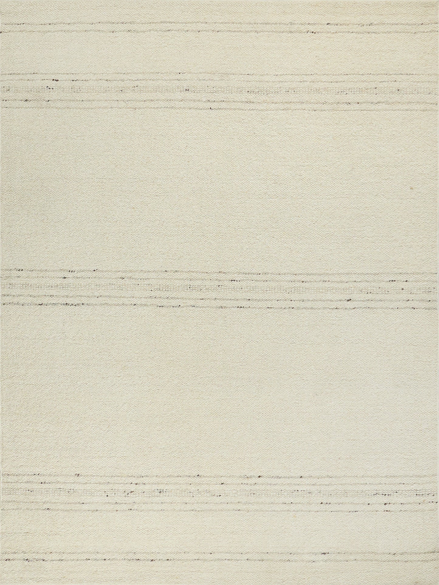 Beige flat-weave rug with faint irregular charcoal stripes running horizontally.