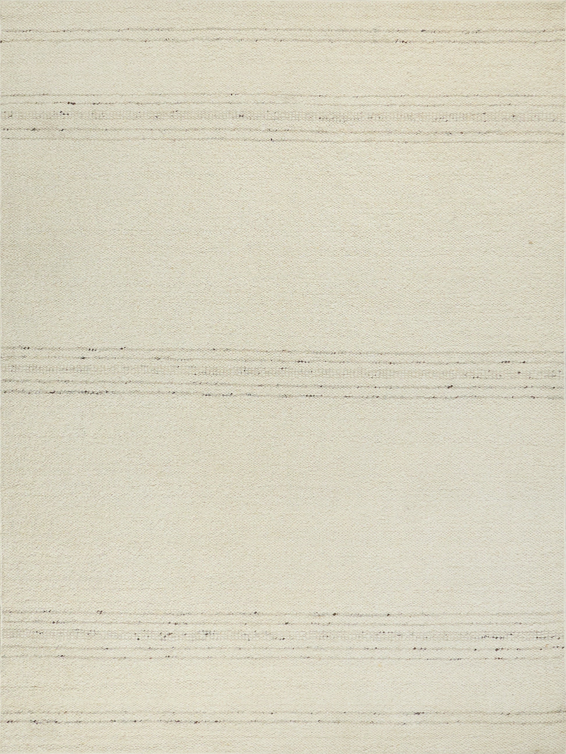 Beige flat-weave rug with faint irregular charcoal stripes running horizontally.