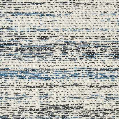 Cream woven rug with blue and black horizontal stripes and geometric diamond motifs; textured flat weave.