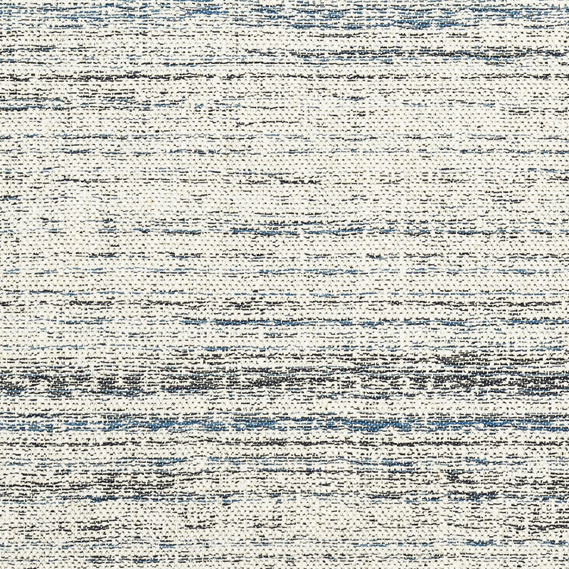 Beige and navy distressed woven rug with abstract horizontal stripes, modern style.
