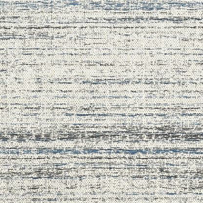 Beige and navy distressed woven rug with abstract horizontal stripes, modern style.