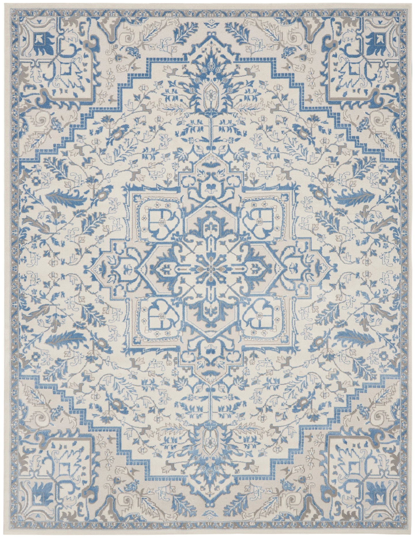Intricate blue and ivory Oriental-style area rug with a central medallion and floral motifs.