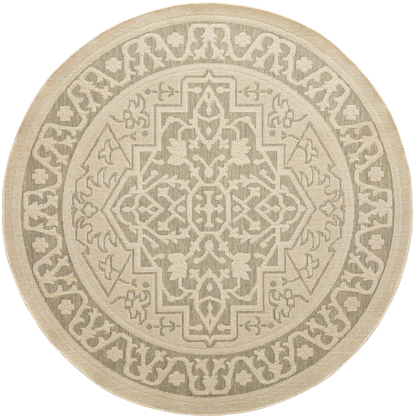 Round beige rug with intricate geometric and floral motif in cream and taupe, oriental style.