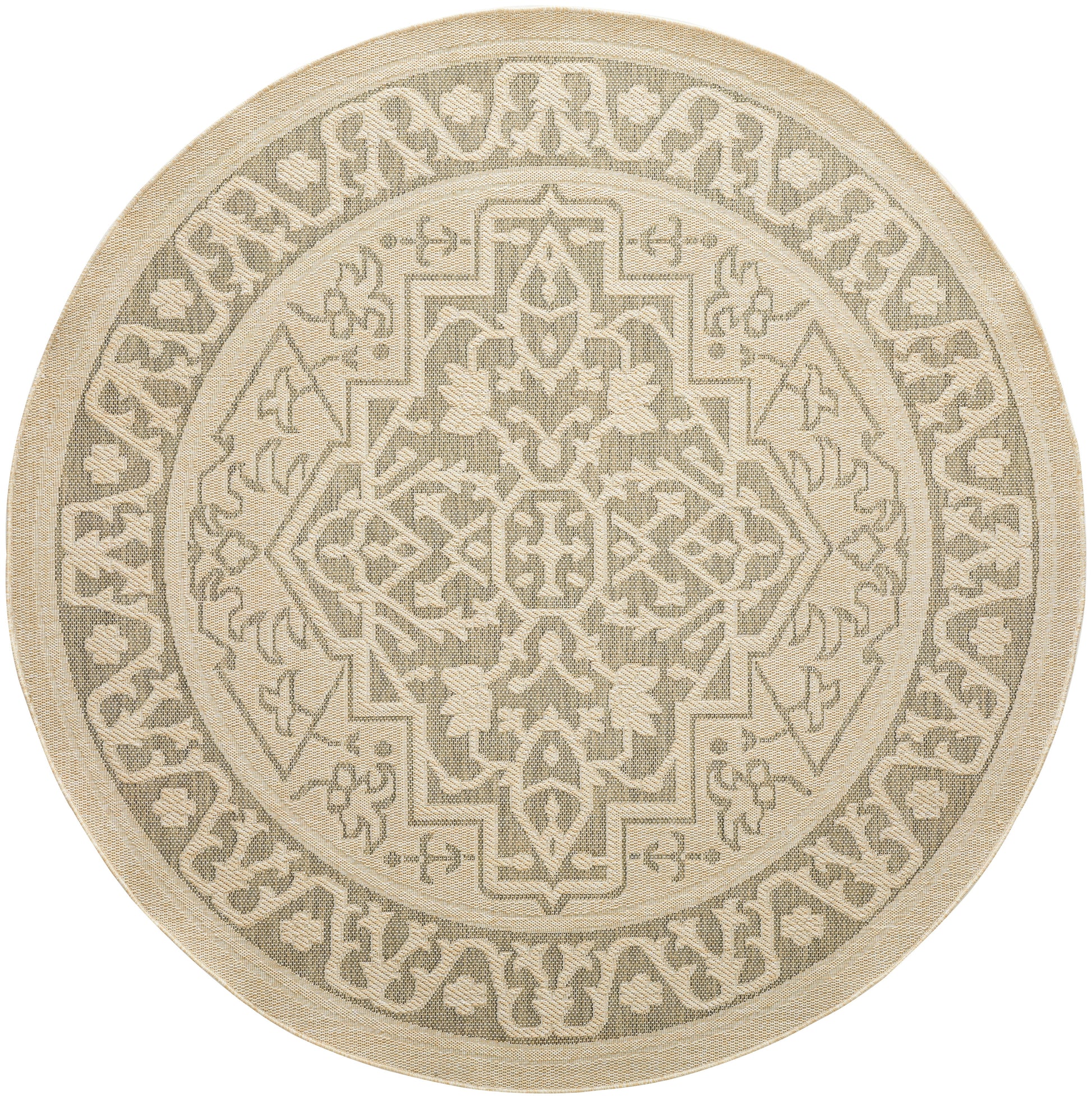 Round beige rug with intricate geometric and floral motif in cream and taupe, oriental style.