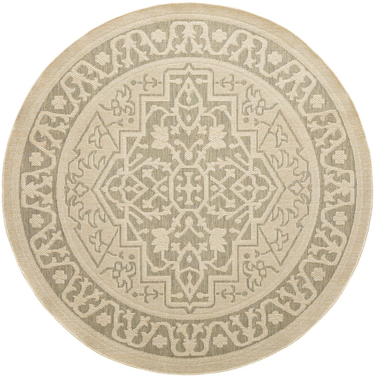 Round beige rug with intricate geometric and floral motif in cream and taupe, oriental style.