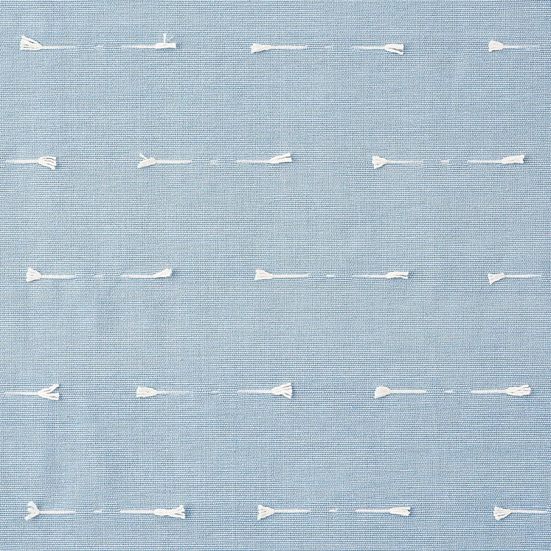Light blue woven fabric with tiny white tassel-like stitches in horizontal rows; casual nautical textile.