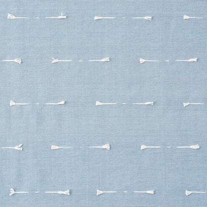 Light blue woven fabric with tiny white tassel-like stitches in horizontal rows; casual nautical textile.