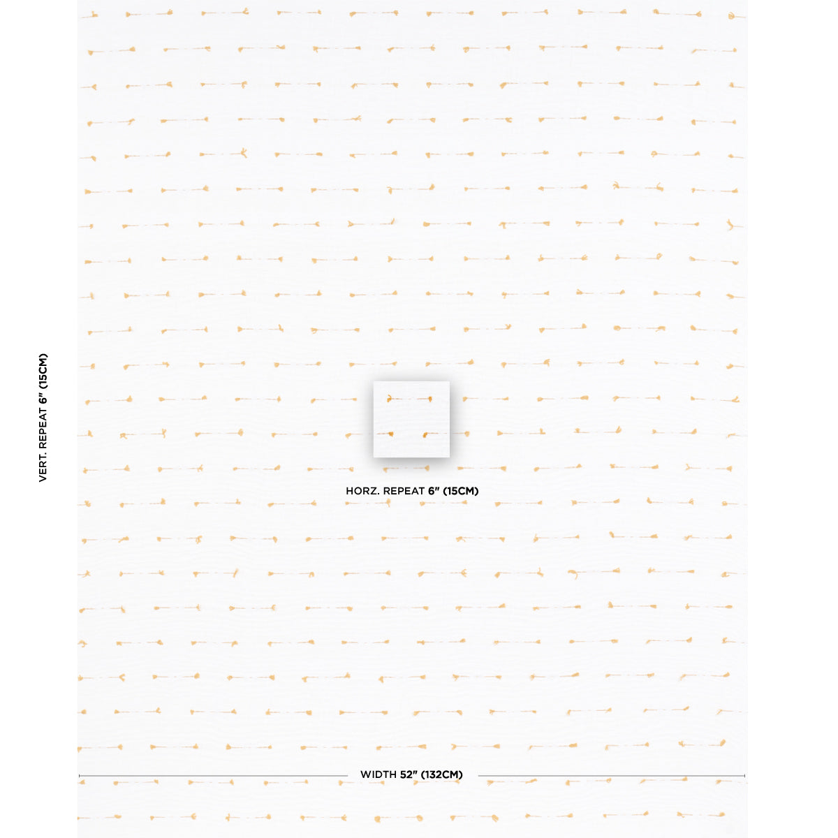 White wallpaper with a subtle peach-orange geometric motif; 6-inch horizontal & vertical repeats, 52-inch width.