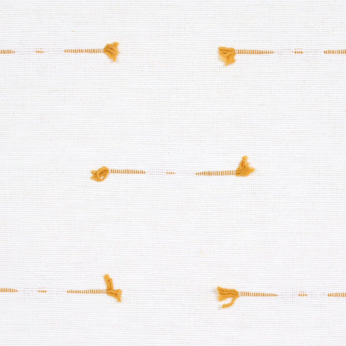 White fabric swatch with mustard-yellow knotted thread embroidery forming spaced horizontal lines with tiny tassels.