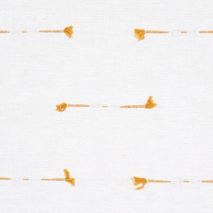 White fabric swatch with mustard-yellow knotted thread embroidery forming spaced horizontal lines with tiny tassels.