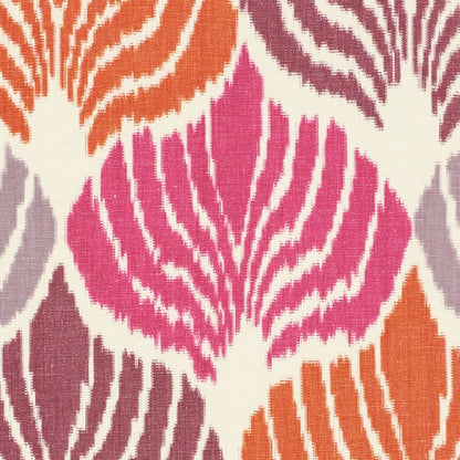 Textured ikat-style fabric with bold magenta, orange and purple leaf motifs on ivory background.