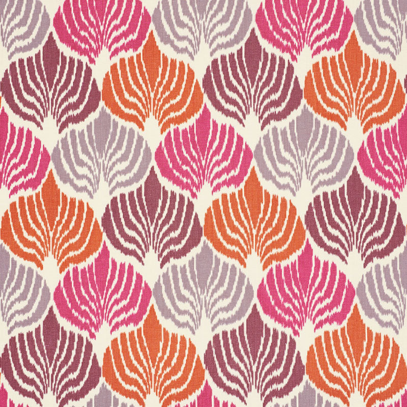 Repeating scalloped shell motifs in pink, orange, plum and lilac on cream fabric.