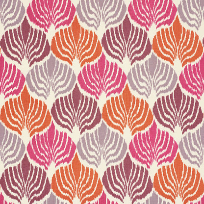 Repeating scalloped shell motifs in pink, orange, plum and lilac on cream fabric.