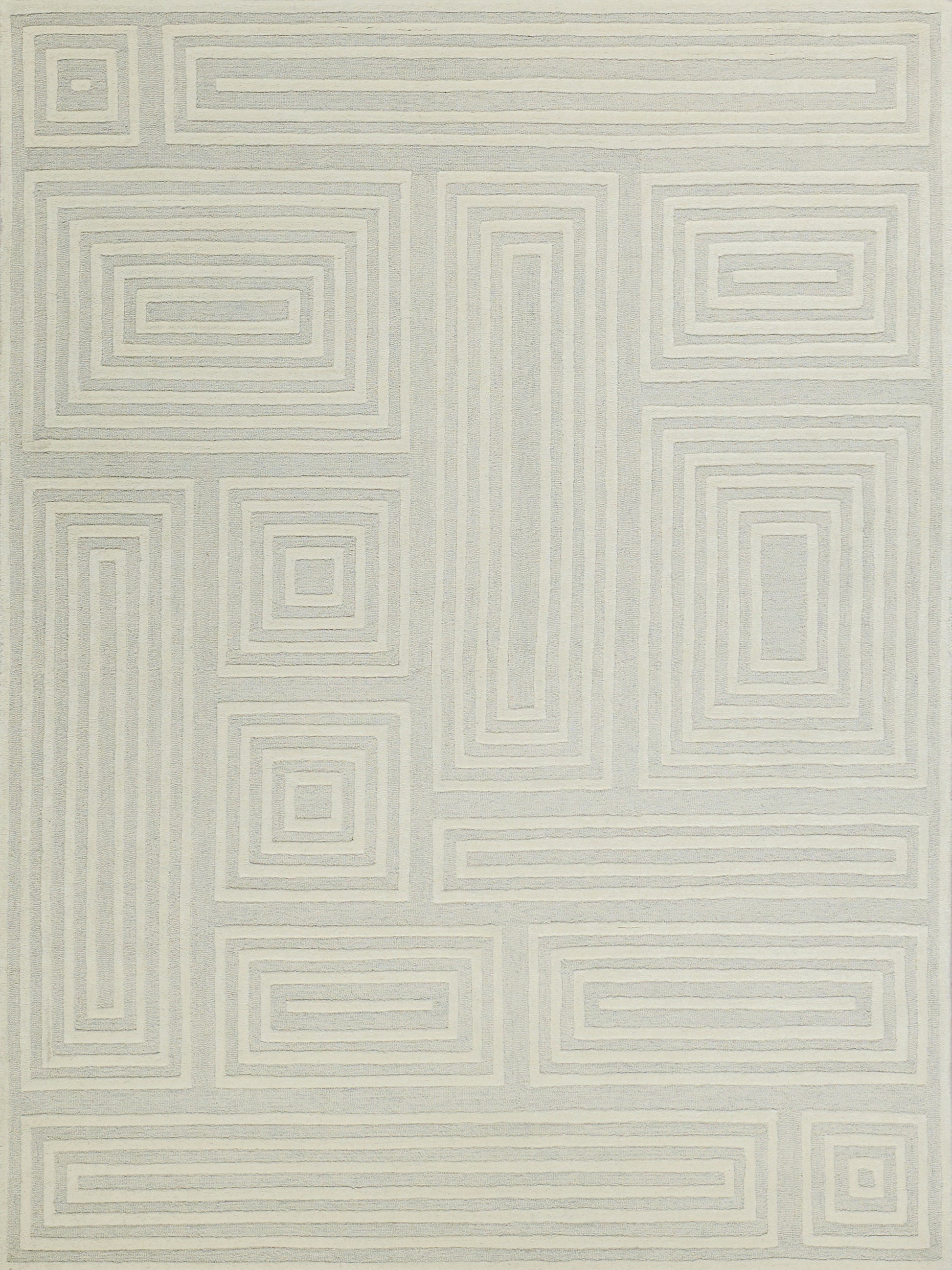 Light beige rug with pale gray concentric squares and rectangles forming a modern geometric maze.