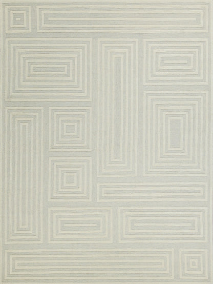 Light beige rug with pale gray concentric squares and rectangles forming a modern geometric maze.