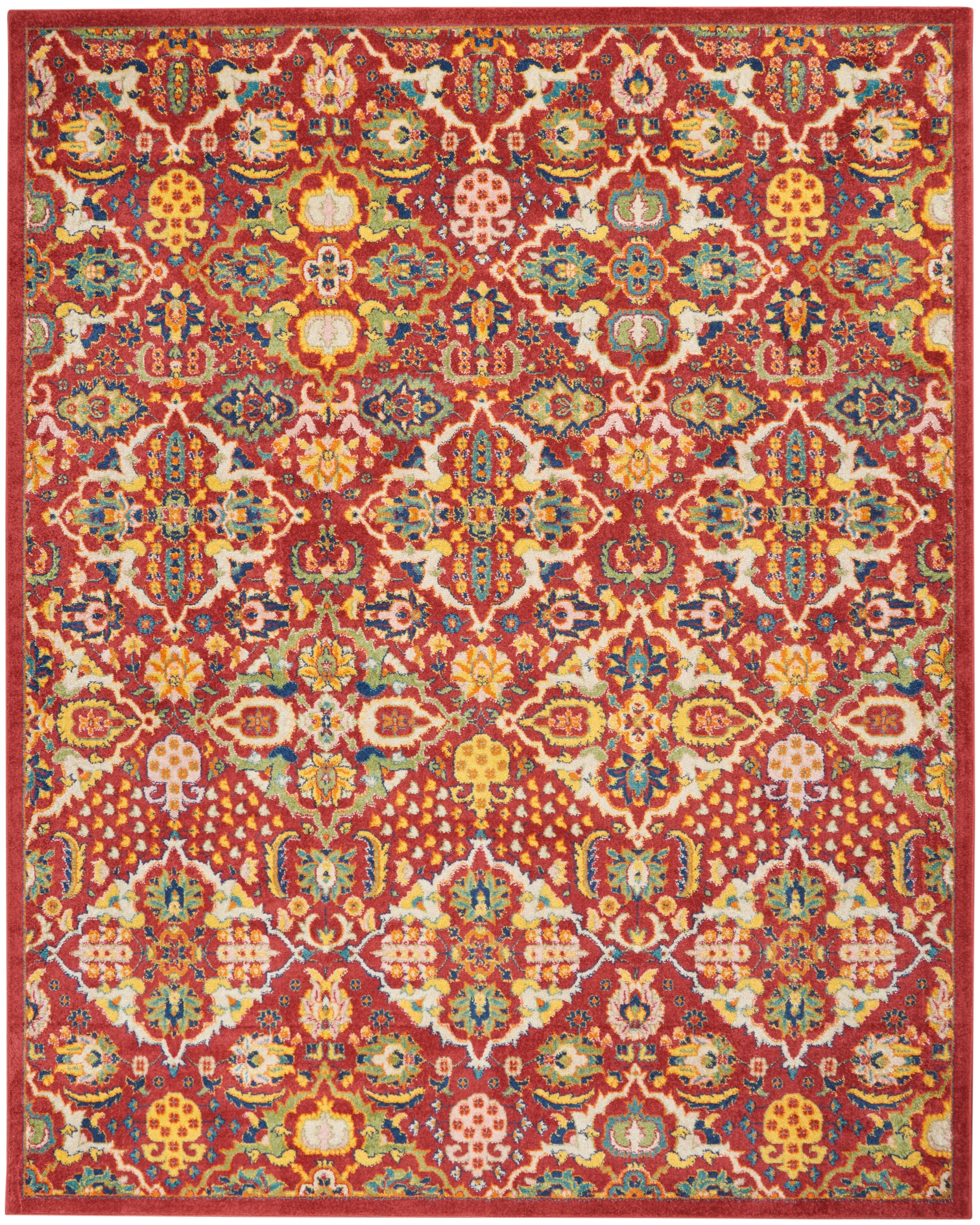 Rectangular vibrant red oriental rug with dense multicolor floral medallions in yellow, blue, teal, green and white; bordered