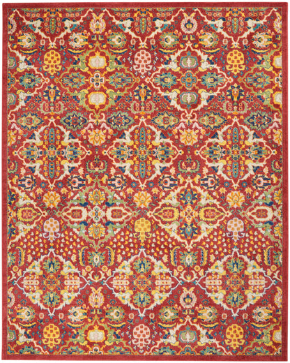 Rectangular vibrant red oriental rug with dense multicolor floral medallions in yellow, blue, teal, green and white; bordered