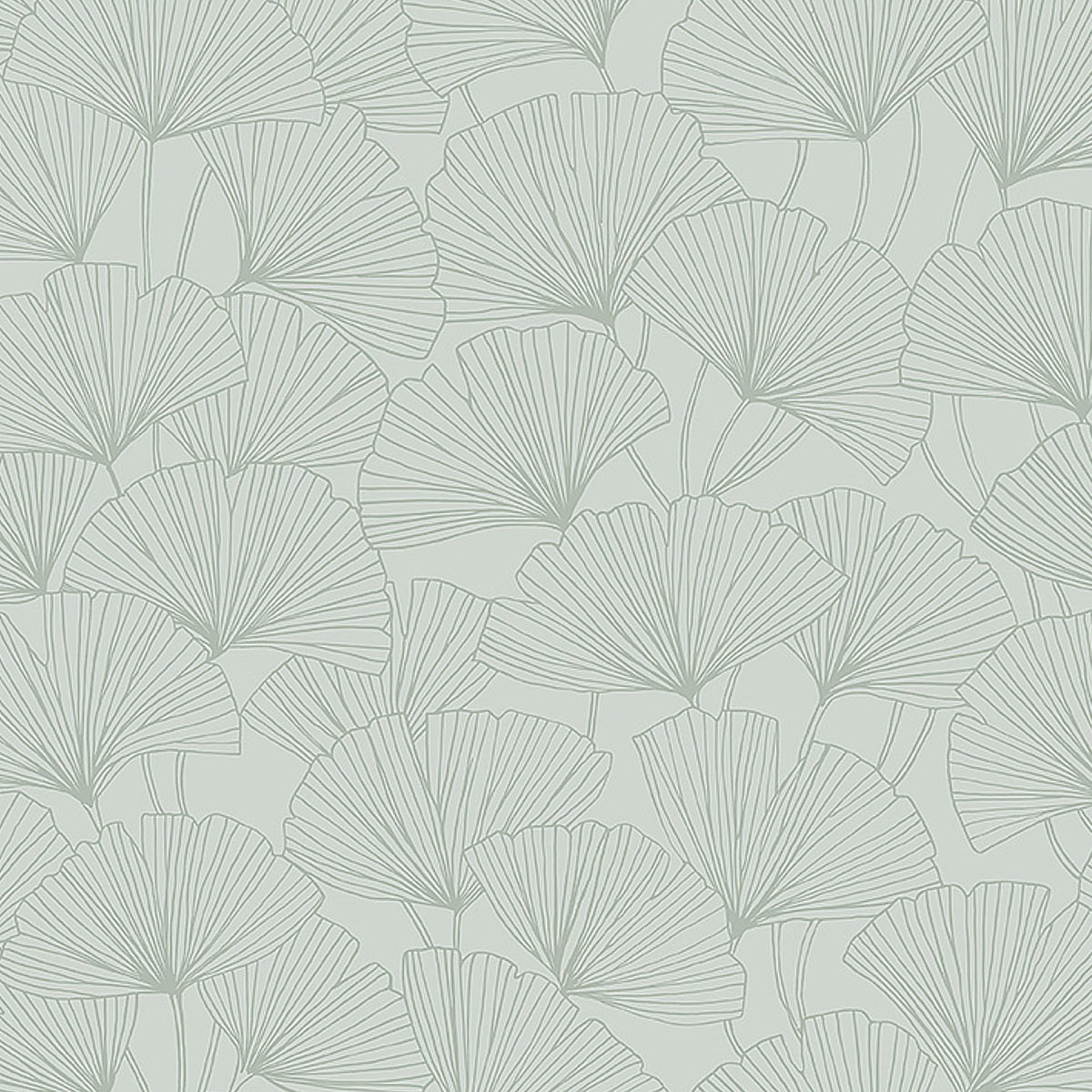 Soft sage green wallpaper with repeating fan-shaped ginkgo leaf outlines in fine grey lines.