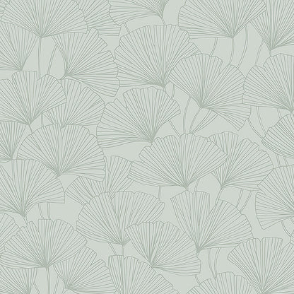 Soft sage green wallpaper with repeating fan-shaped ginkgo leaf outlines in fine grey lines.