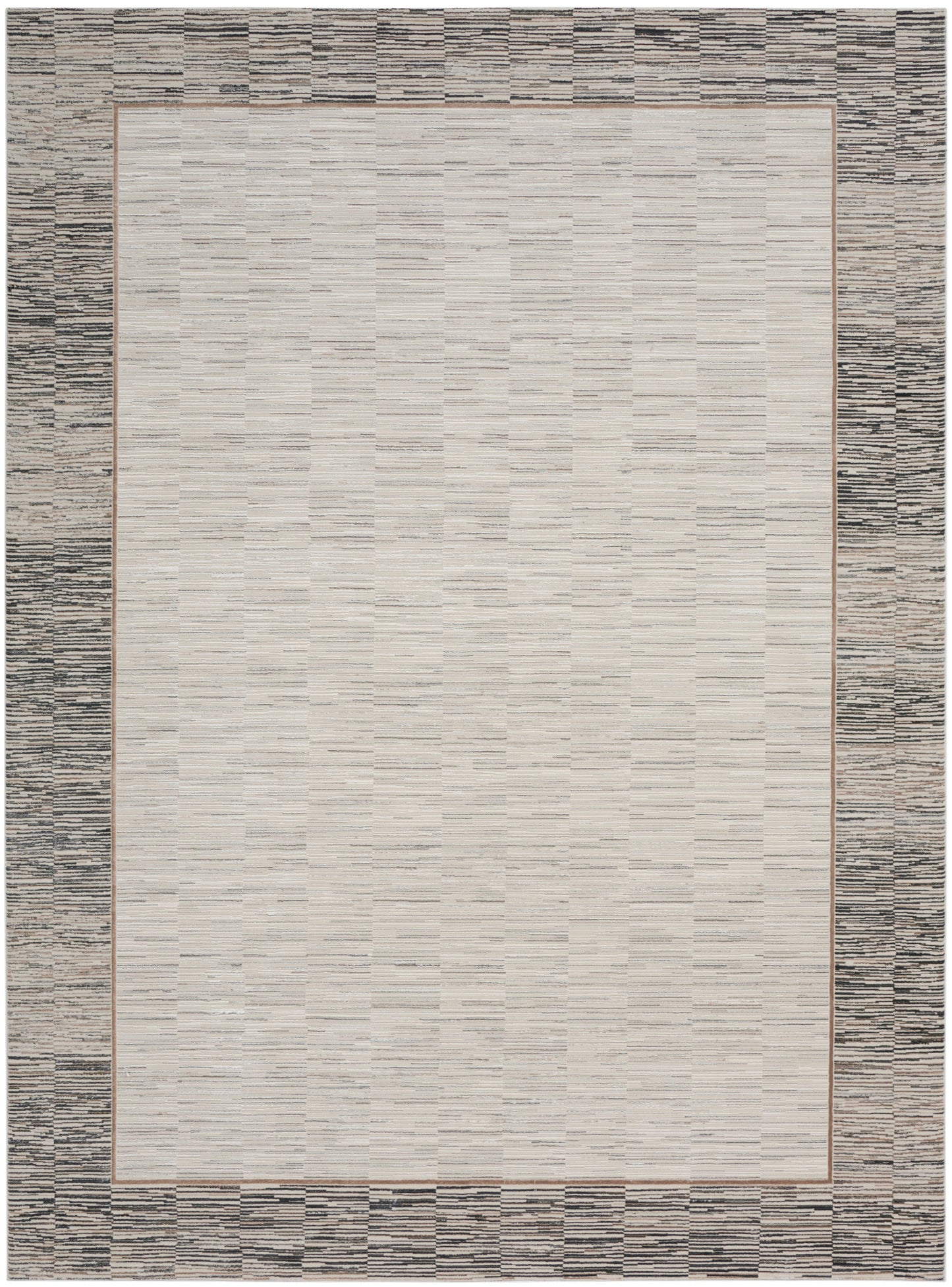 Rectangular rug with light beige center, slim brown border, and textured gray outer frame; modern transitional style.