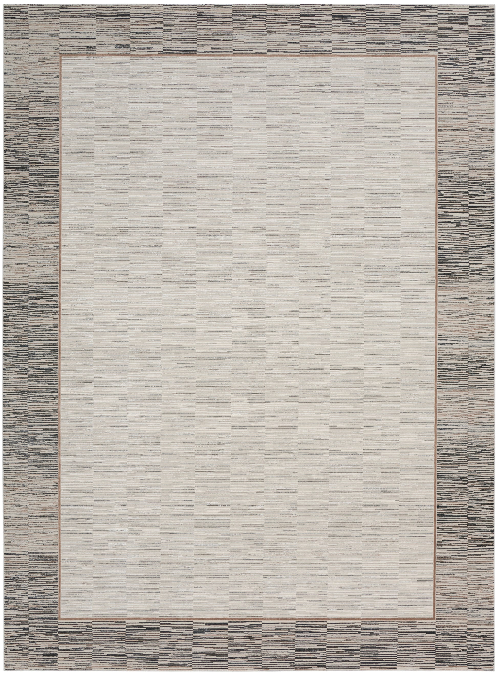 Rectangular rug with light beige center, slim brown border, and textured gray outer frame; modern transitional style.