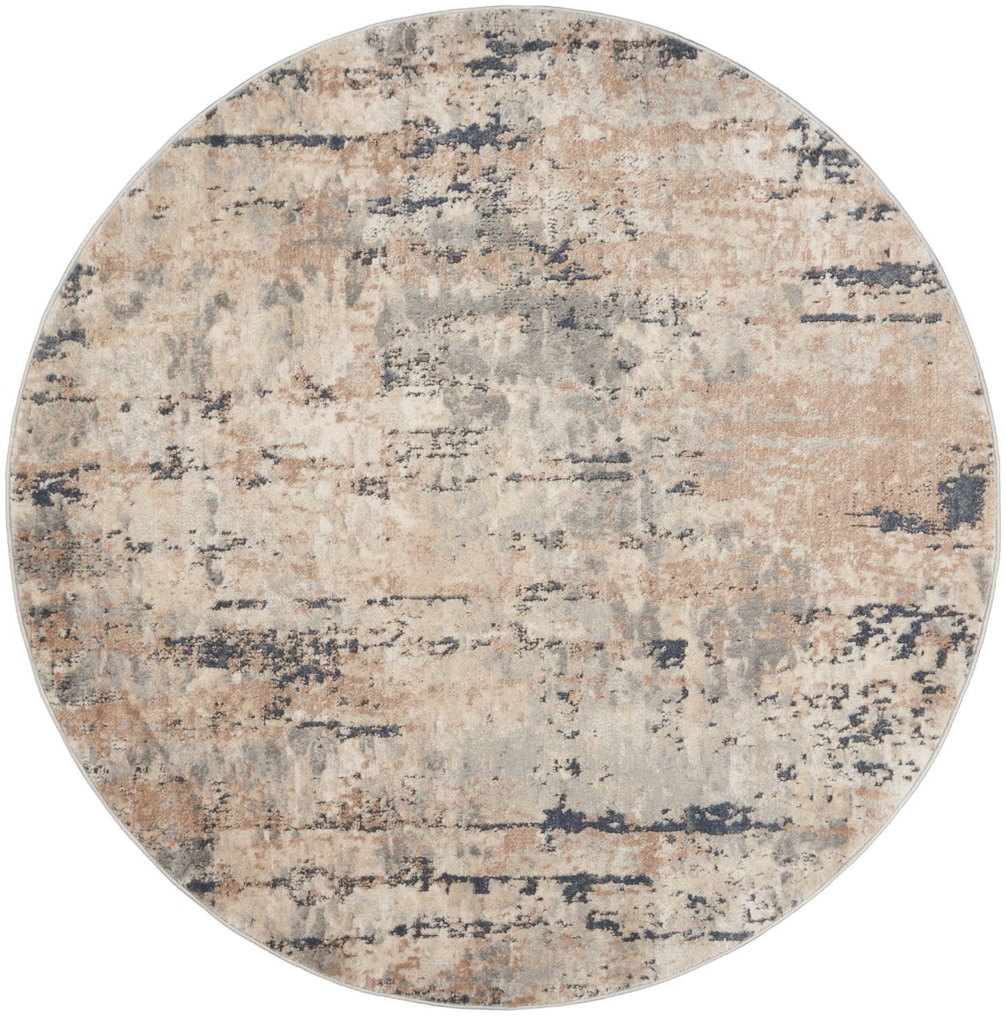 Round abstract distressed area rug in beige, tan, gray and navy tones; modern weathered look.