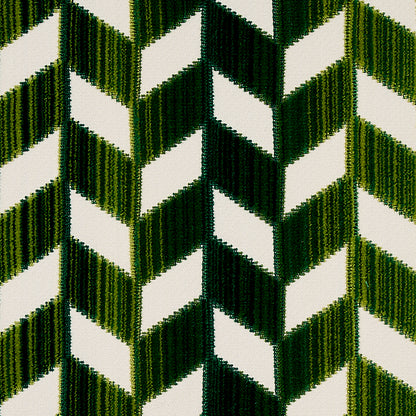 Chevron velvet in emerald with cream gaps; bold upholstery fabric.