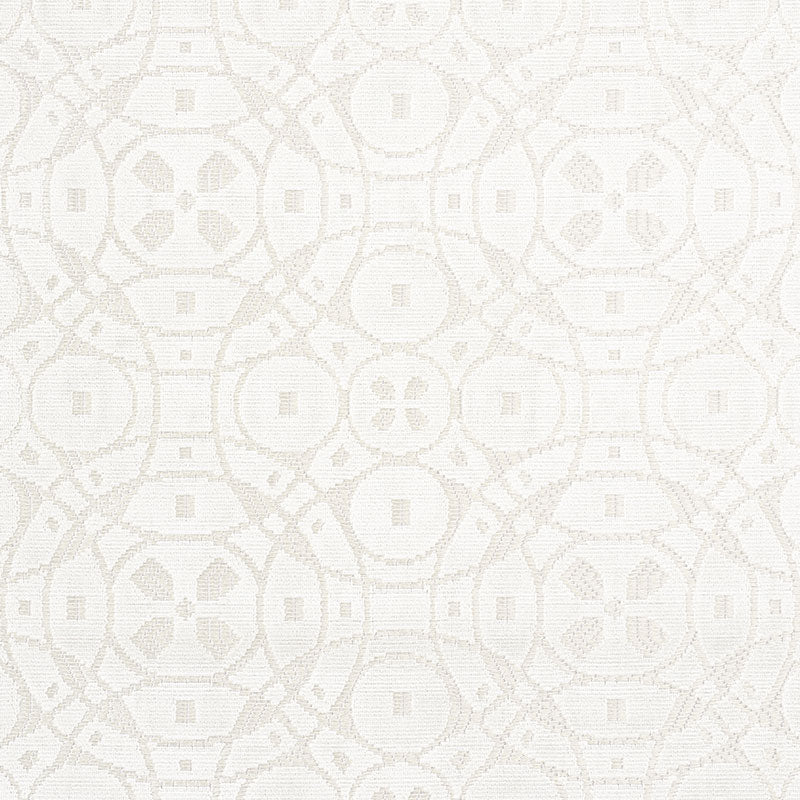 Cream textured wallpaper with a repeating circular geometric damask pattern in ivory tones.