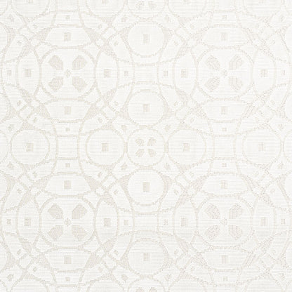 Cream textured wallpaper with a repeating circular geometric damask pattern in ivory tones.