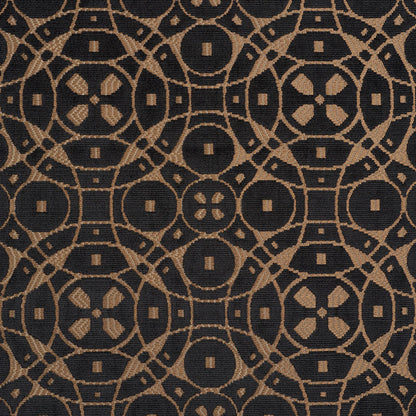 Dark navy upholstery fabric with a tan geometric circular lattice pattern; woven textile.