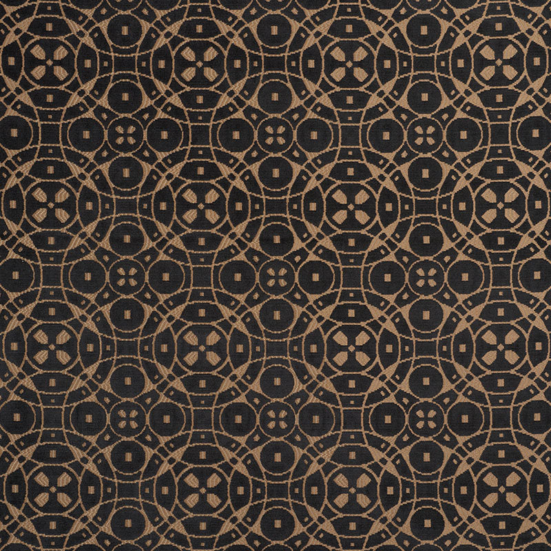 Black fabric with metallic gold circular damask pattern; repeating lattice circles with floral centers.