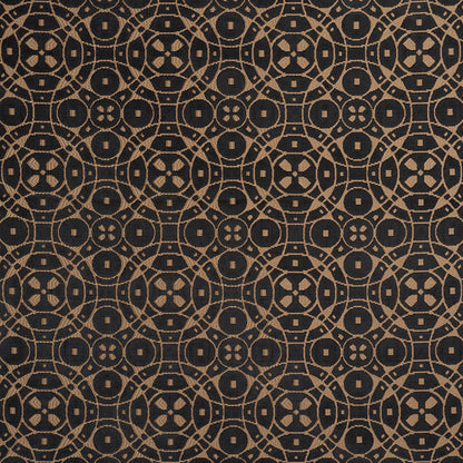 Black fabric with metallic gold circular damask pattern; repeating lattice circles with floral centers.