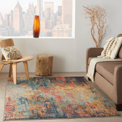 Abstract multicolor area rug in a modern living room with wooden chair & stump table, brown sofa, amber vase & city skyline view.