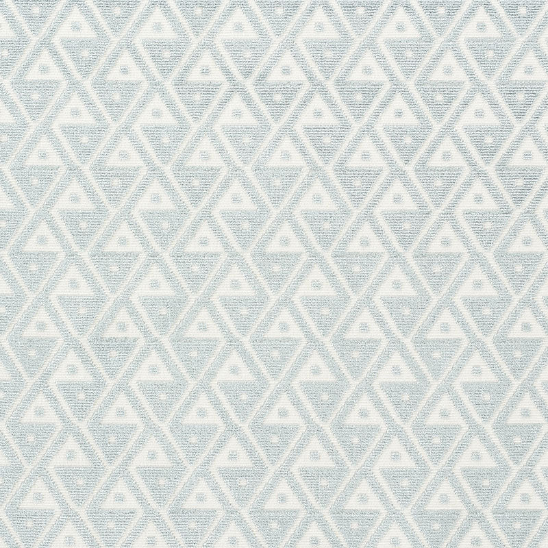 Soft blue geometric fabric pattern of repeating triangles in a diamond lattice with a subtle textured weave