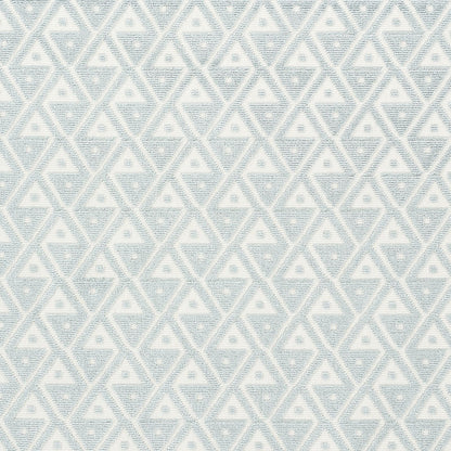 Soft blue geometric fabric pattern of repeating triangles in a diamond lattice with a subtle textured weave