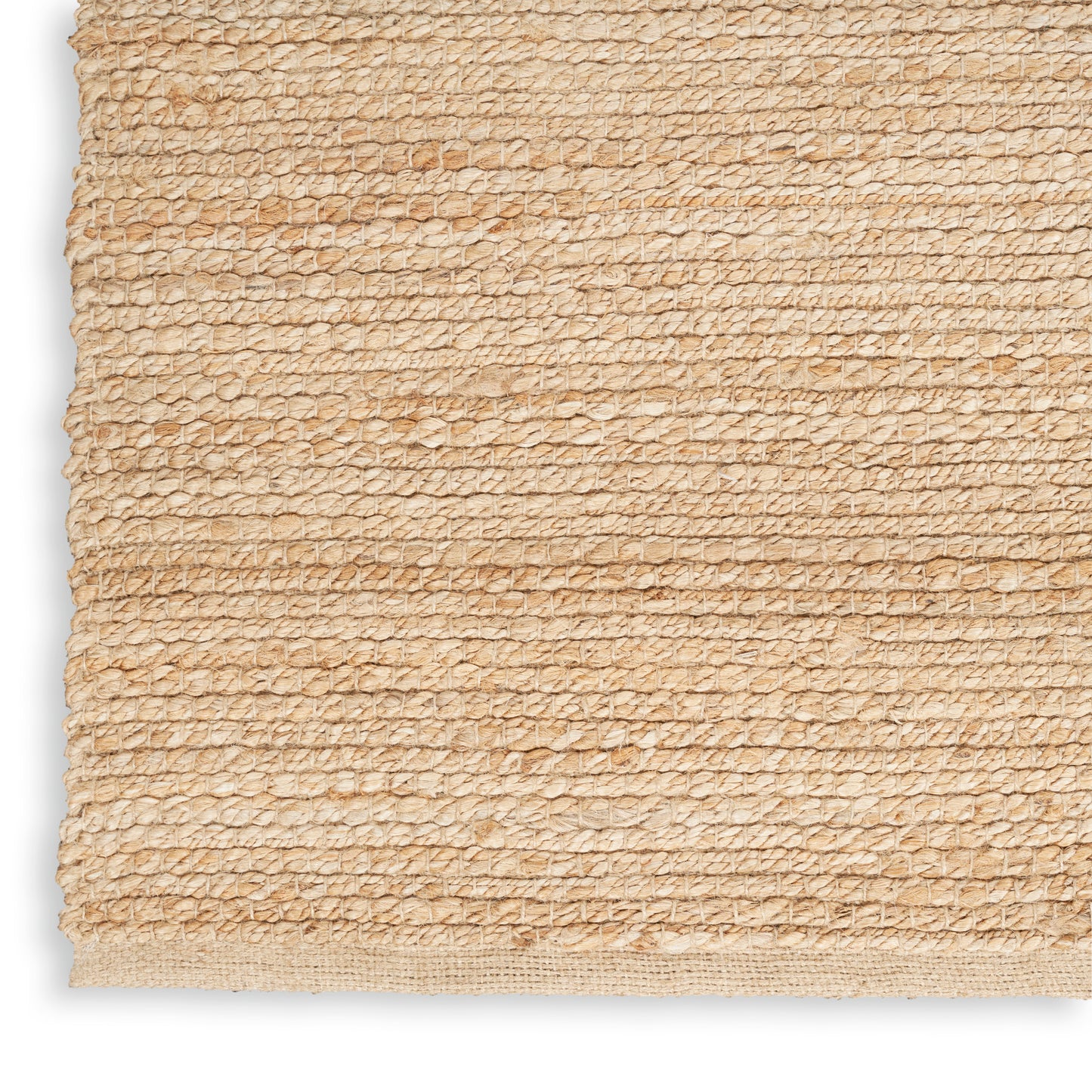 Taupe gradient rug with a cork-like border on the left; minimalist farmhouse-style rug, 9' x 12'.