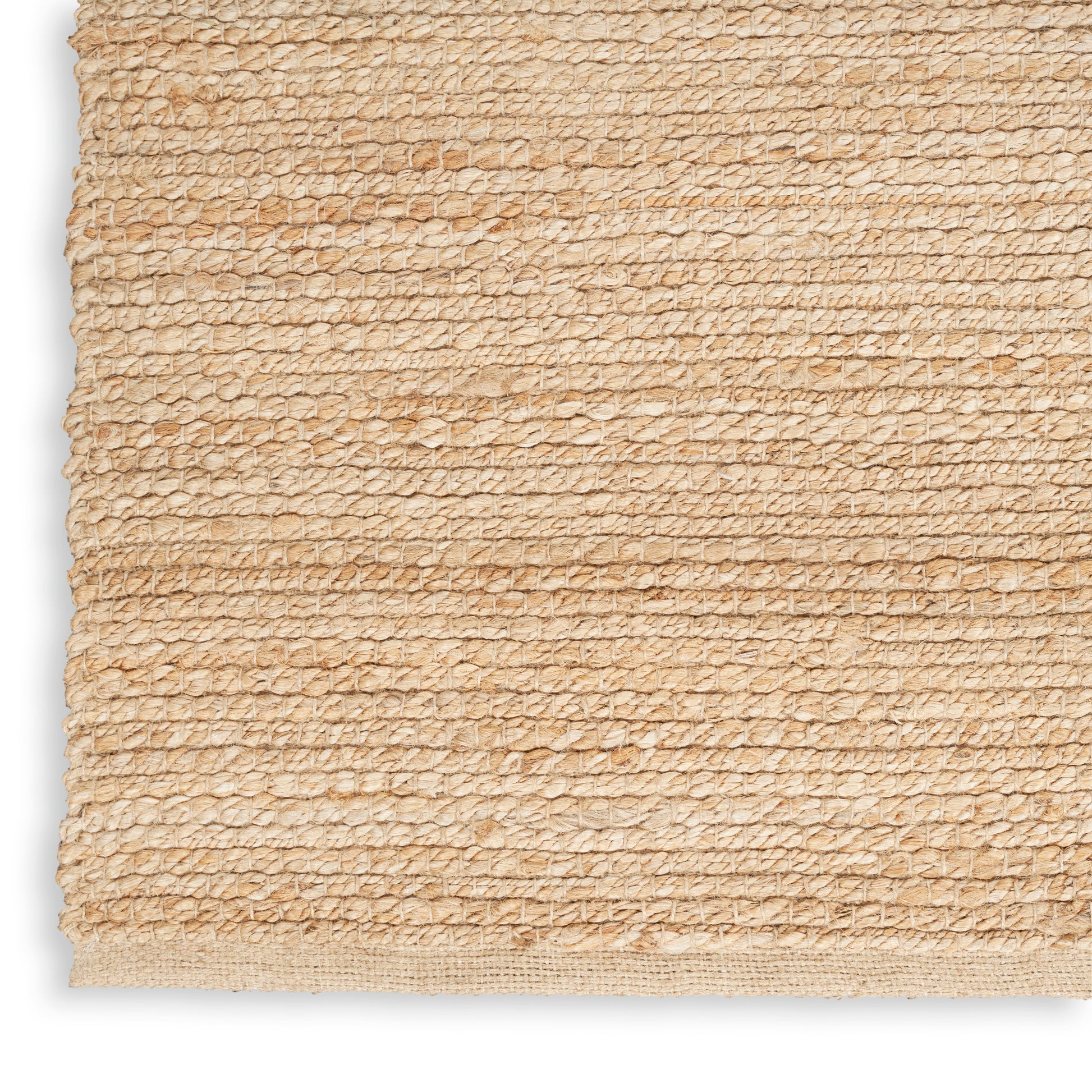 Taupe gradient rug with a cork-like border on the left; minimalist farmhouse-style rug, 9' x 12'.
