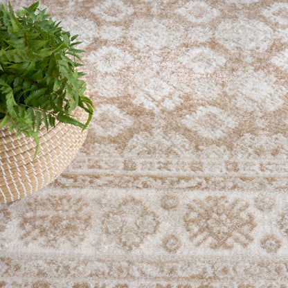Beige patterned rug with ivory motifs; green fern in a light wicker basket.