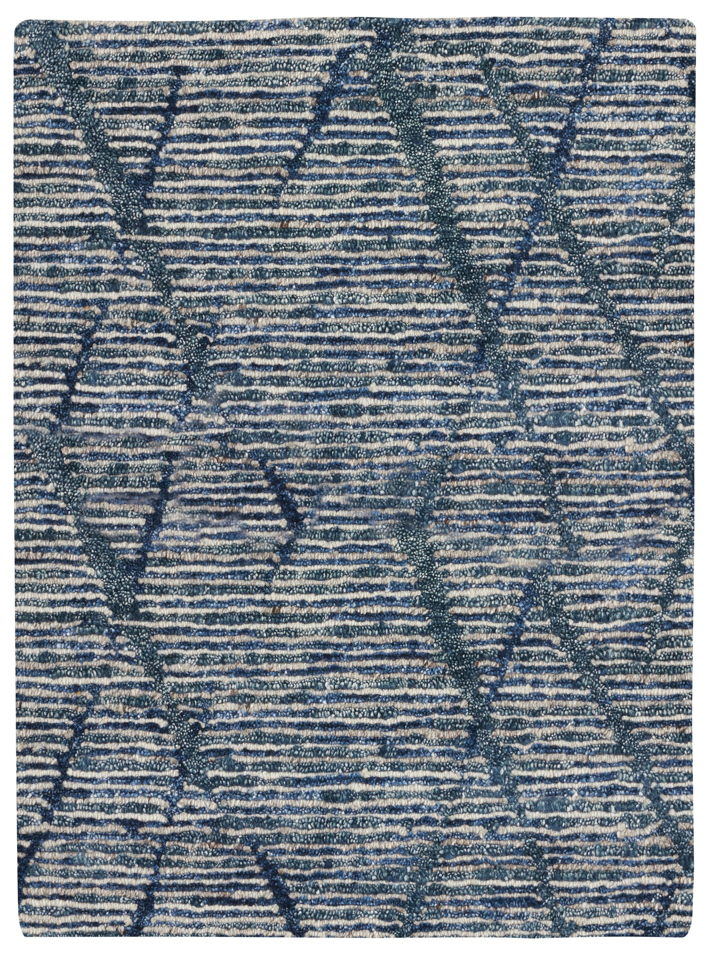 Blue and ivory textured woven rug with geometric diamond pattern and loop pile.