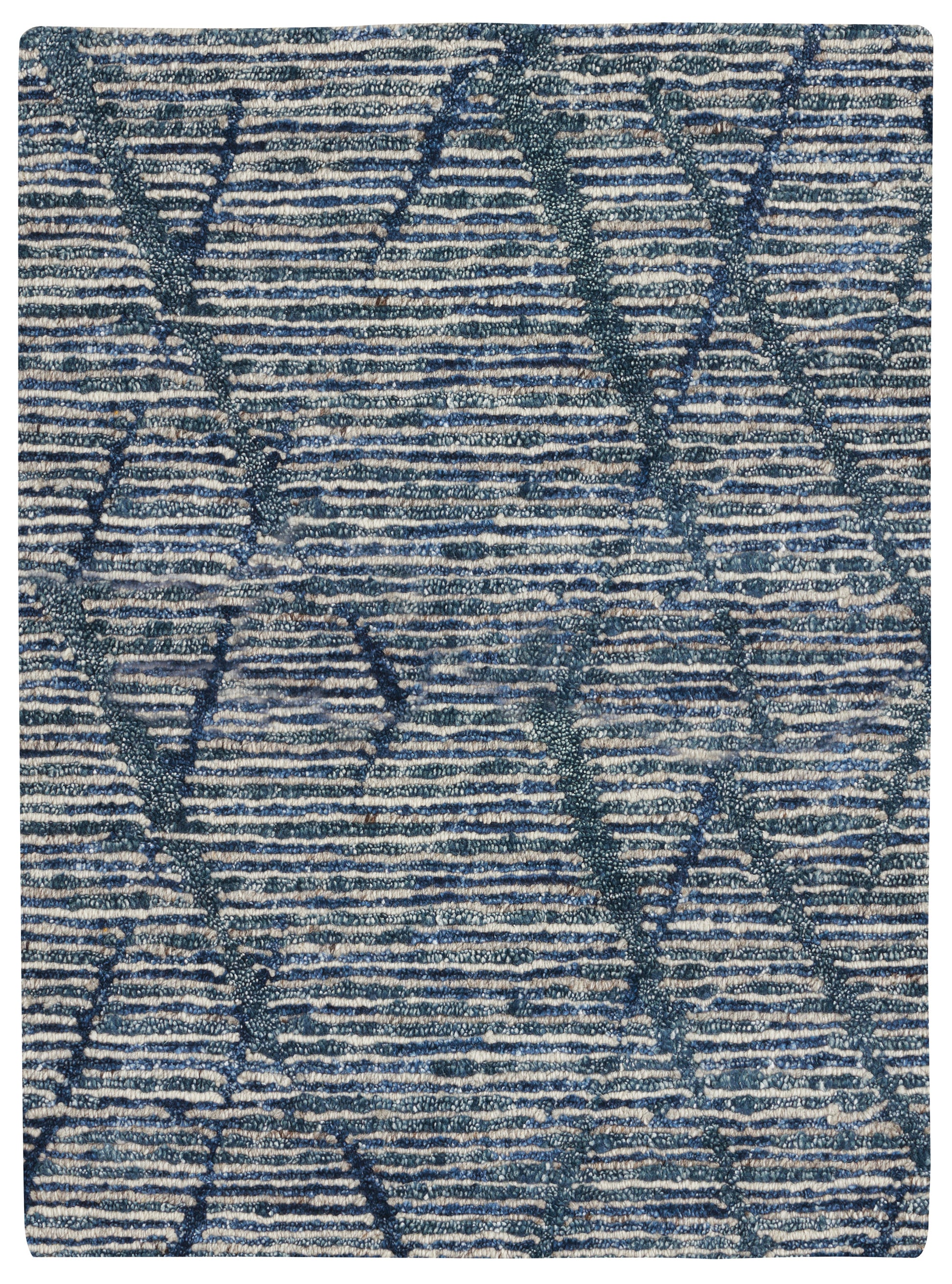 Blue and ivory textured woven rug with geometric diamond pattern and loop pile.